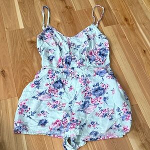 Divided Floral Romper in Mint with Pink & Blue Blooms